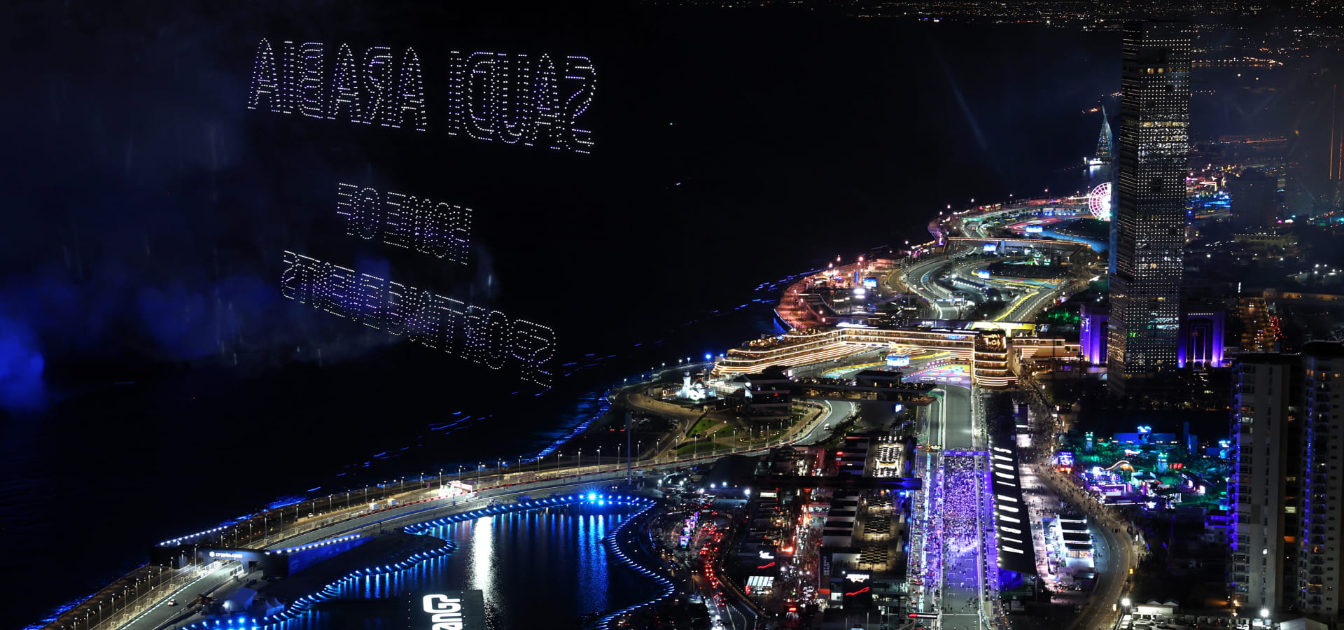 A drone light show in action above Jeddah Corniche Circuit