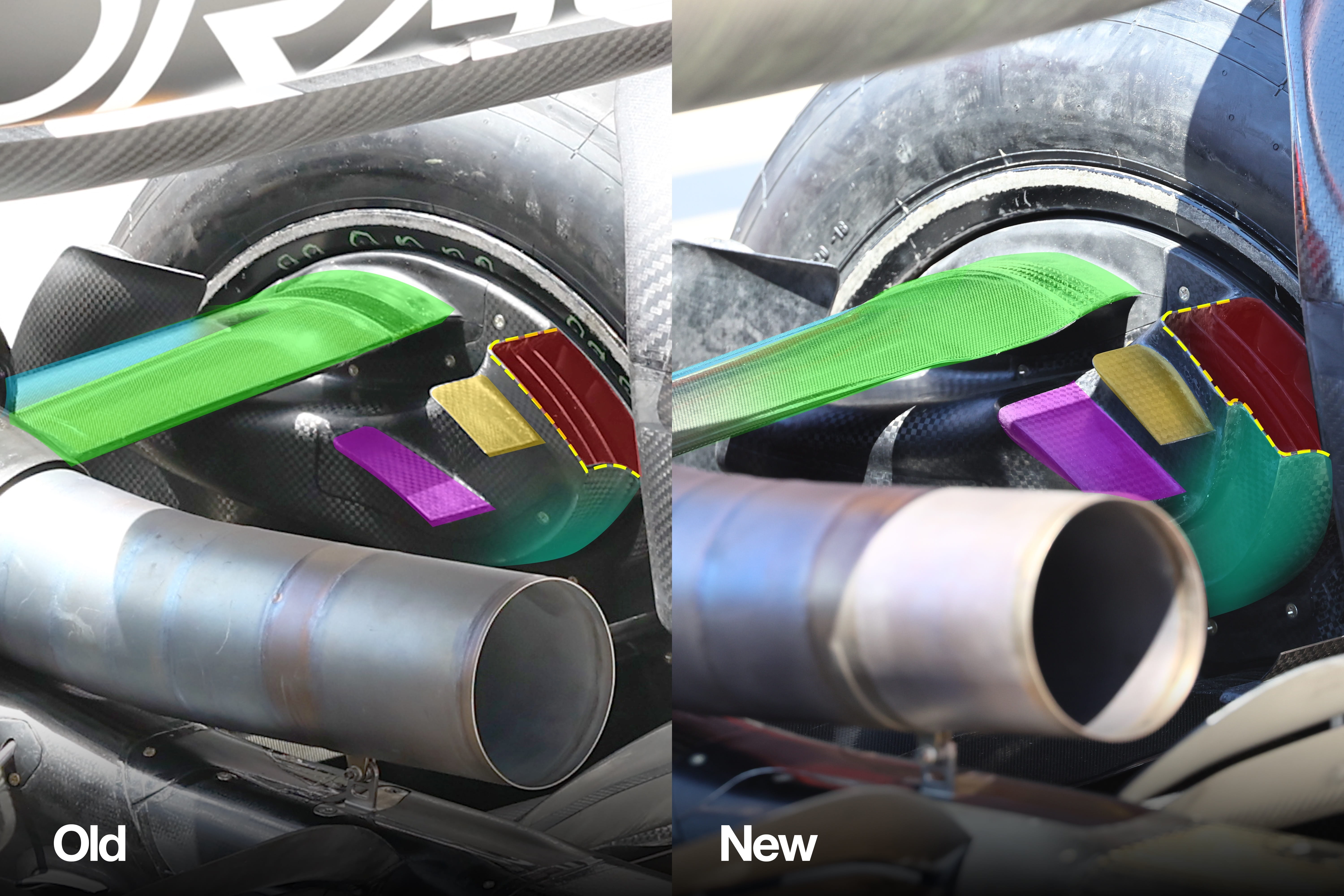 A comparison showing the reprofiled rear brake ducts of the Red Bull RB20 (right) at Imola