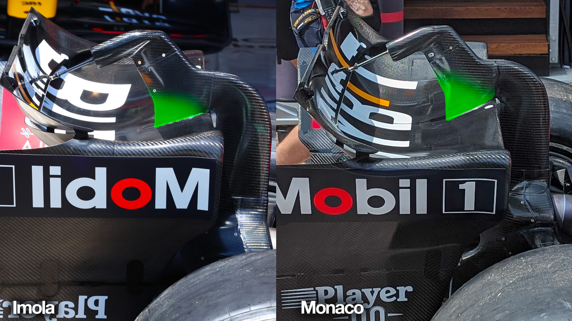 Comparison of Red Bull rear wings Monaco 2024