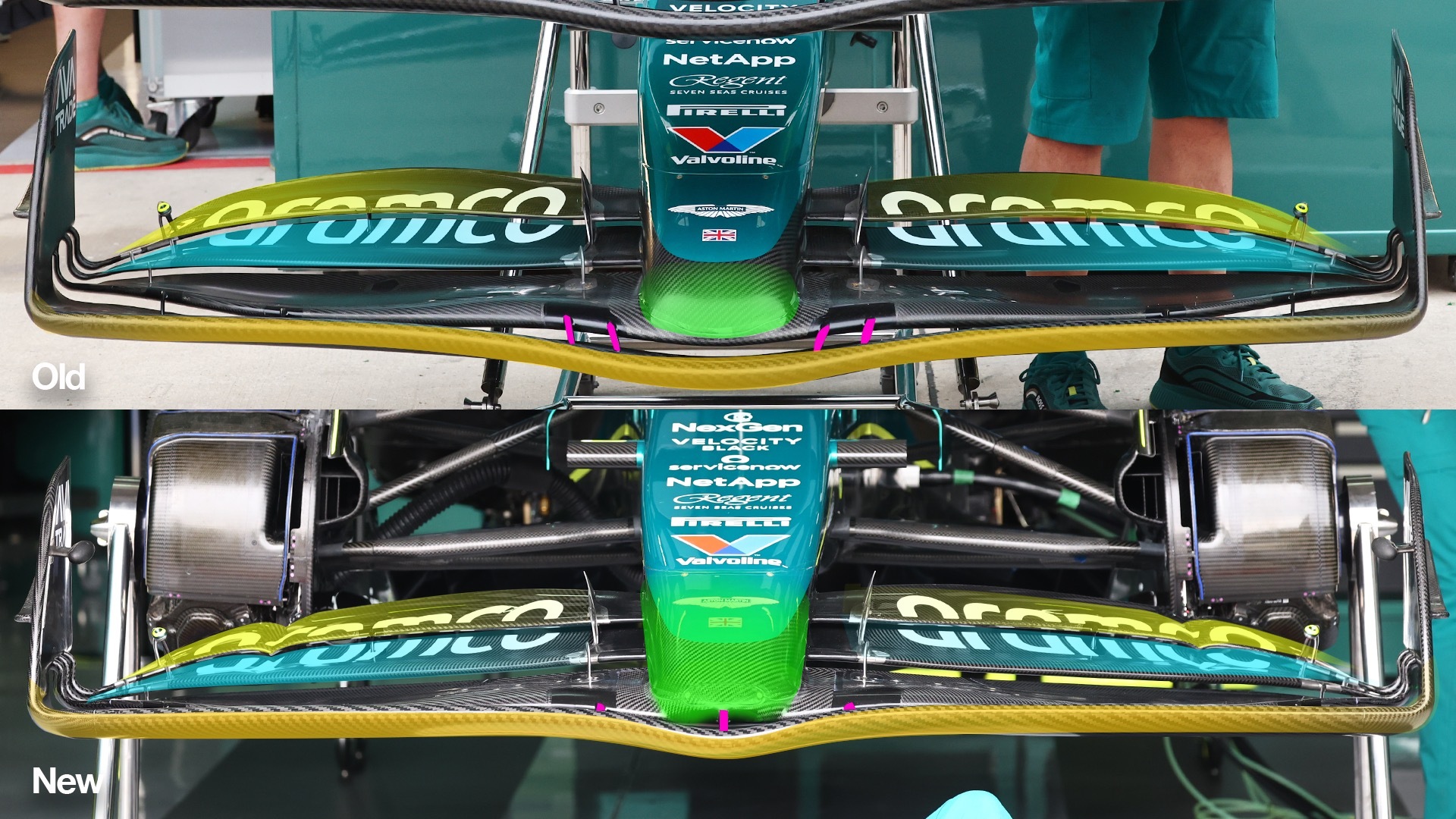 A highlighted diagram showing the changes at the front of the AMR24 at Imola (below) compared to its previous-spec, which was run by Lance Stroll during FP1 in Italy.