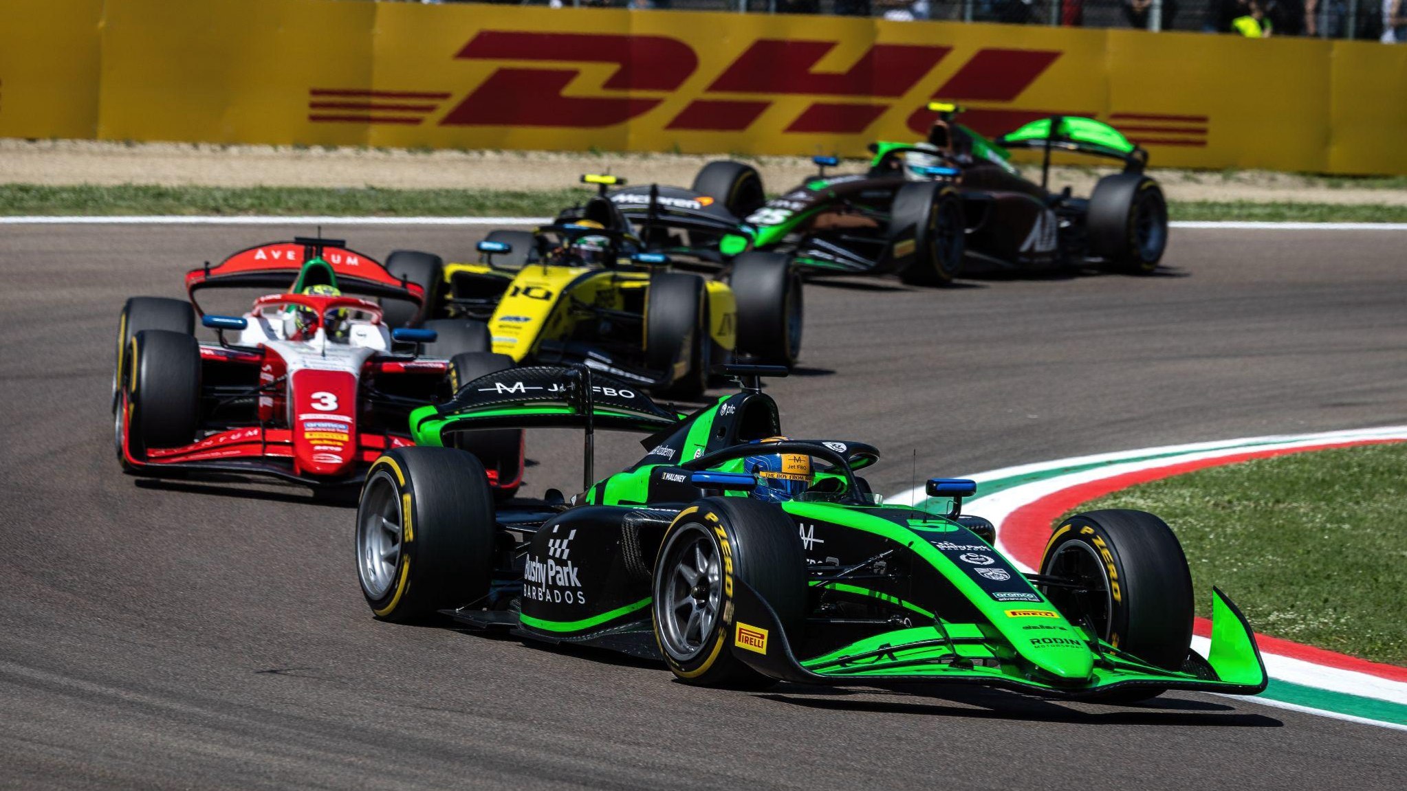 Championship leader Zane Maloney leading Prema’s Oliver Bearman at Imola during the sprint race