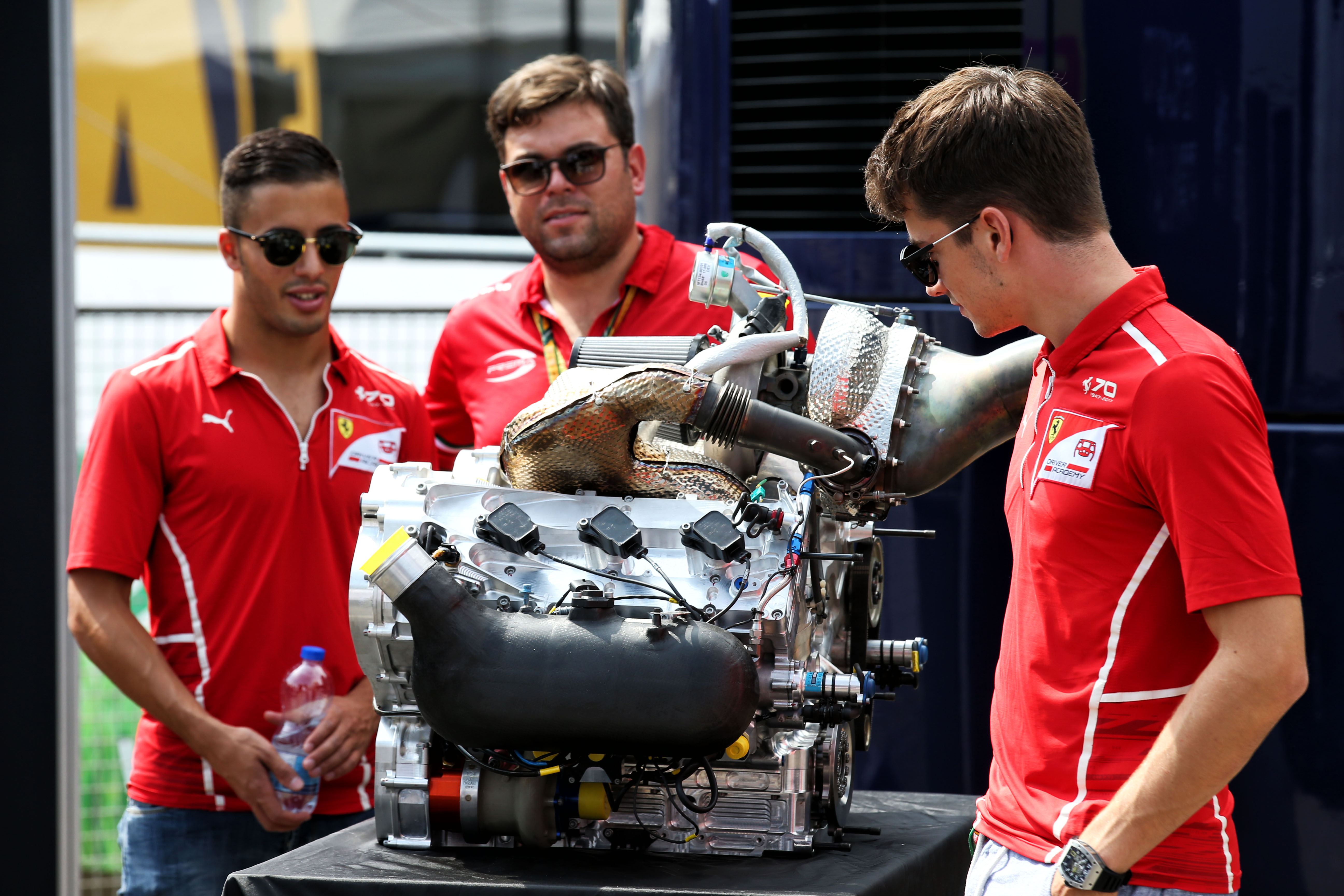 Charles Leclerc looking at the F2 engine in 2017