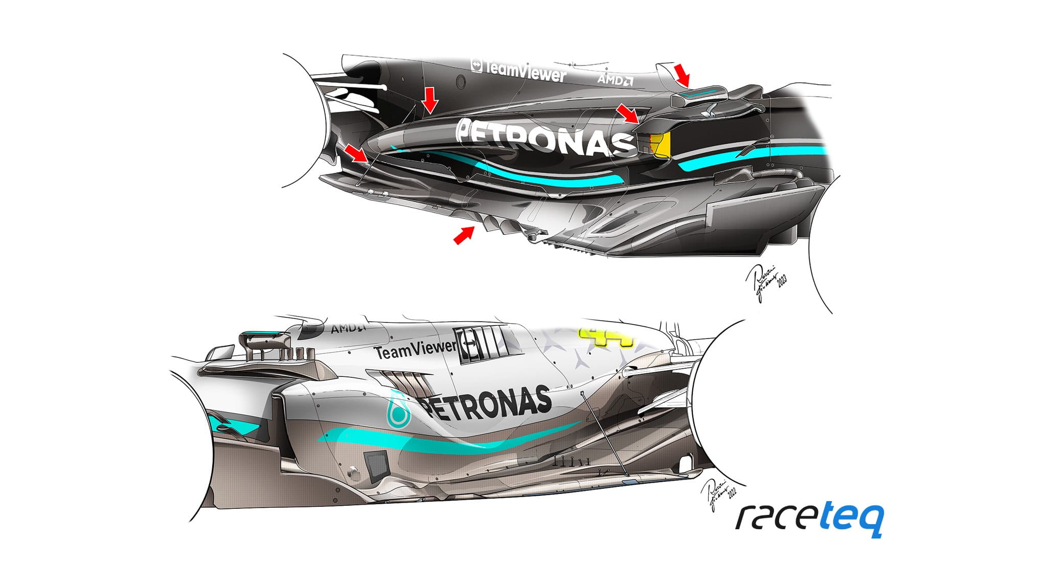 sidepod comparison Merc W15 vs W14