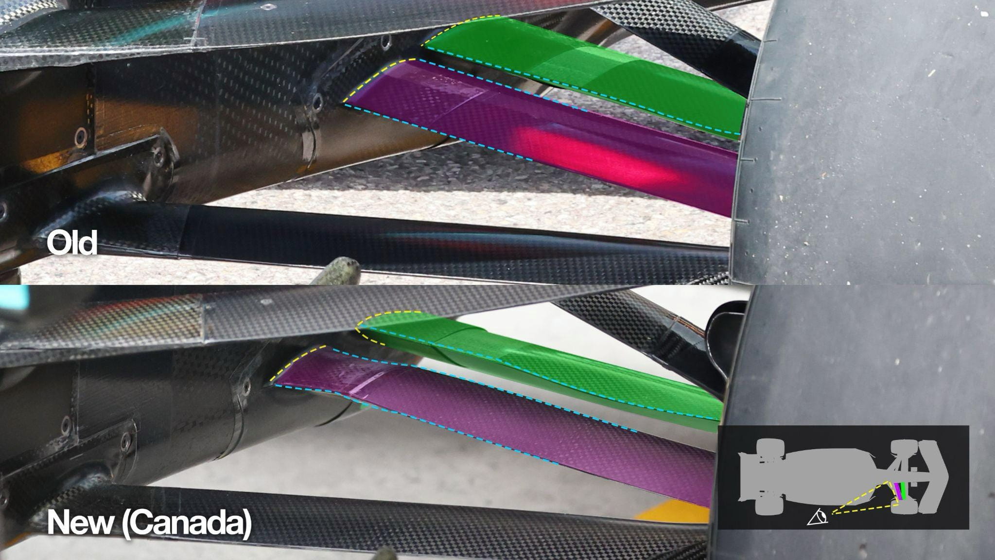 Mercedes realigned its front suspension to account for the new front wing design in Canada