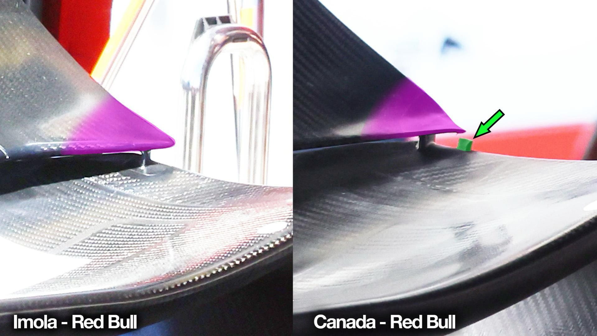 A close-up showing the small tweaks to Red Bull’s rear wing for the 2024 Canadian Grand Prix