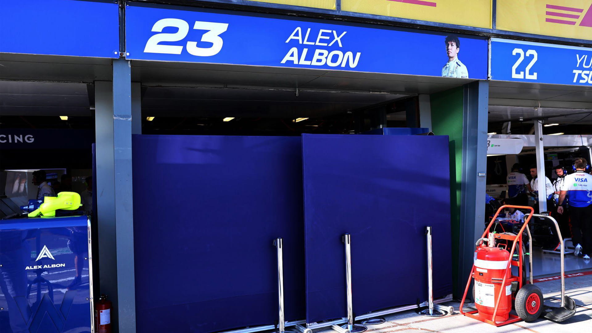 Williams erected garage barriers in Melbourne as it assessed the damage from Alex Albon’s crash