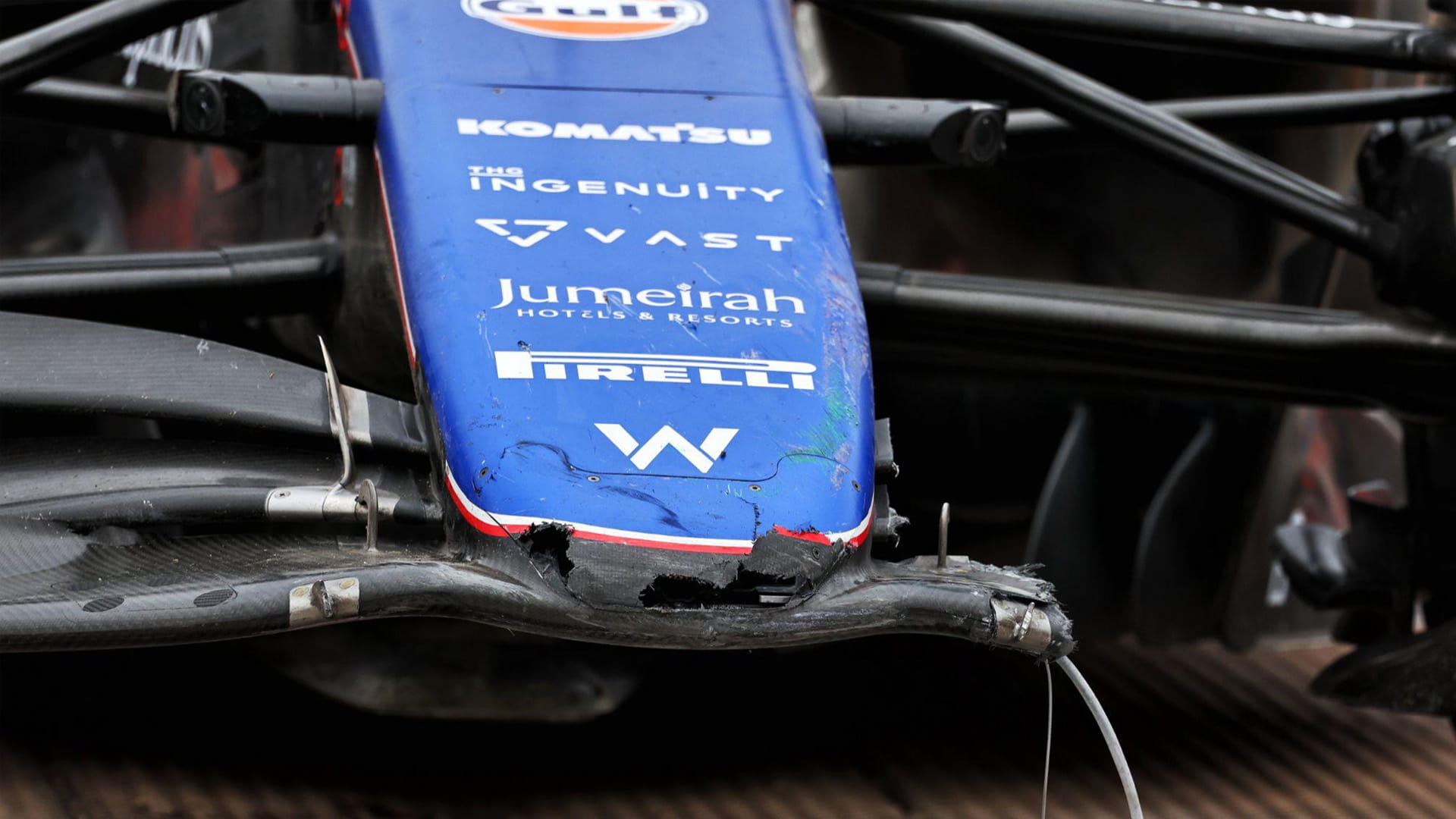 Damage to the nose of Logan Sargeant’s Williams' car after an FP1 crash at that Japanese GP. 