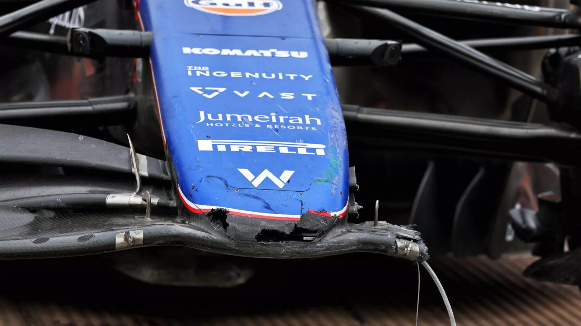 Damage to the nose of Logan Sargeant’s Williams' car after an FP1 crash at that Japanese GP. 