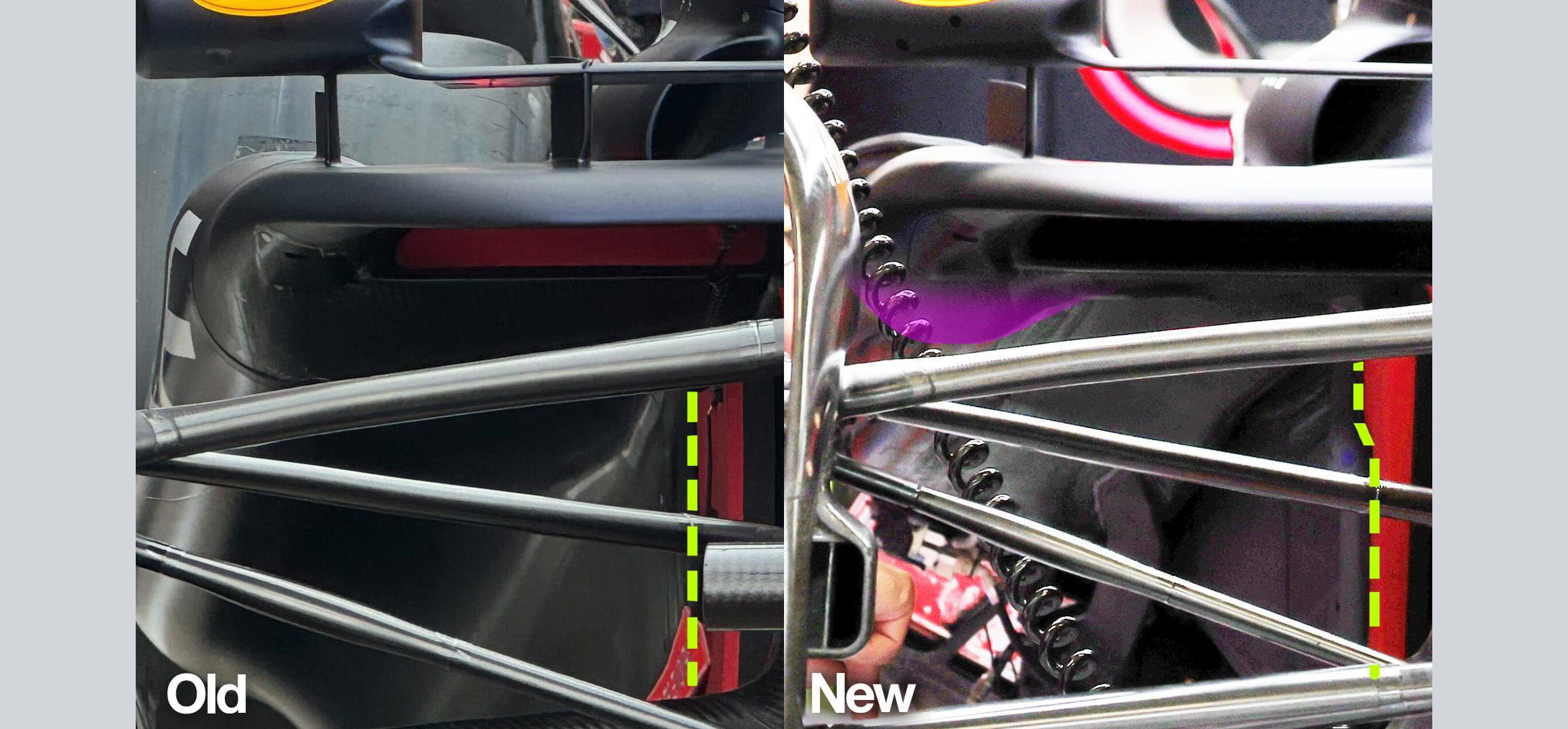 A comparison showing changes to the upper sidepod profile and vertical letterbox of the RB VCARB 01 in Spain