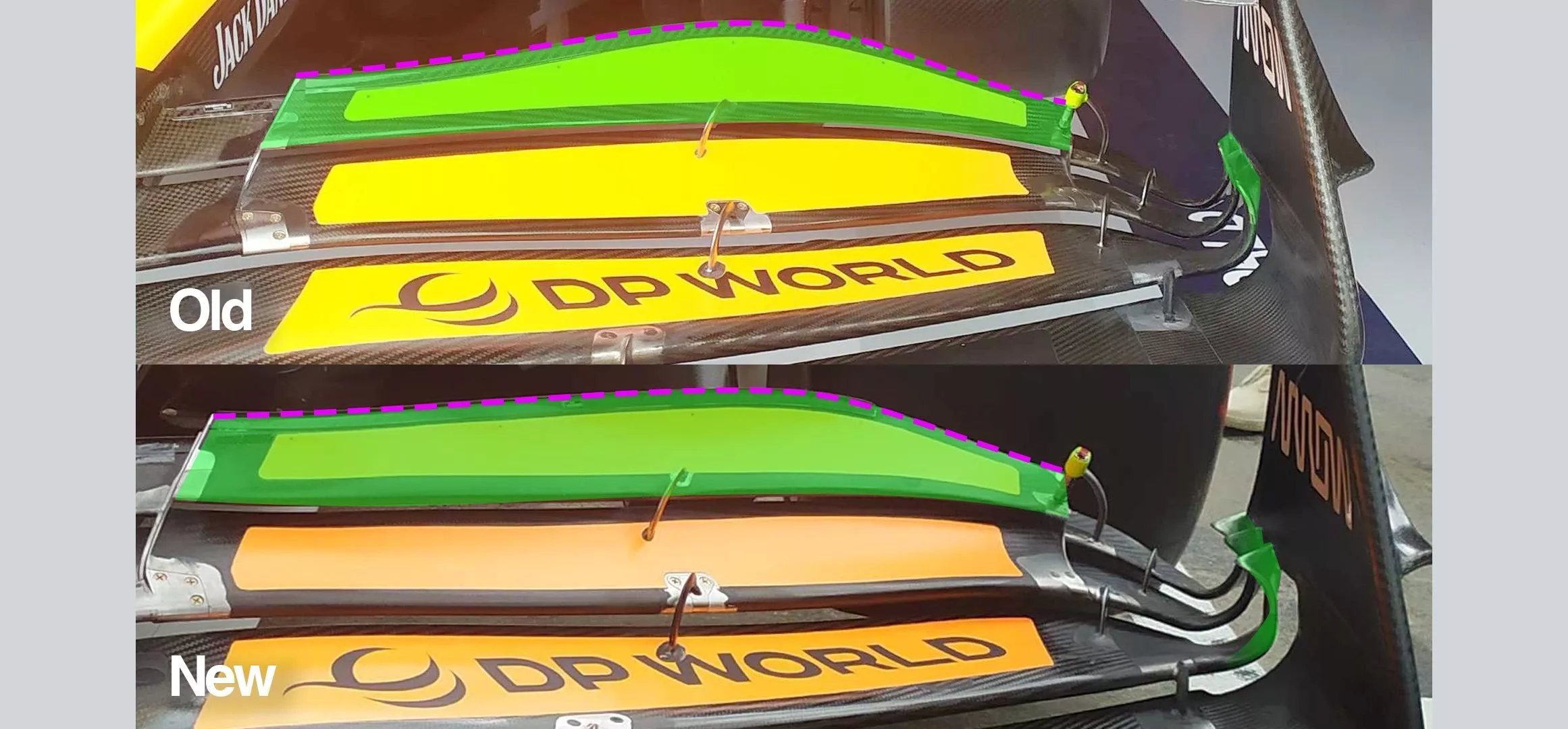 A comparison showing McLaren’s new front wing, brought to the 2024 Austrian Grand Prix 