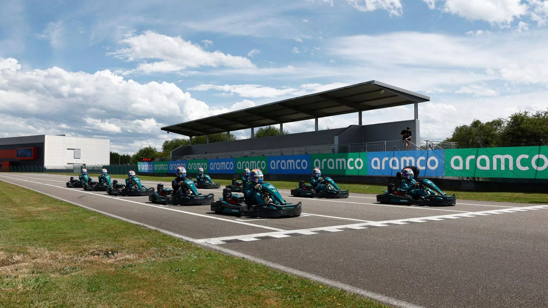 A grid of karts at Alonso’s eponymous karting circuit in Spain