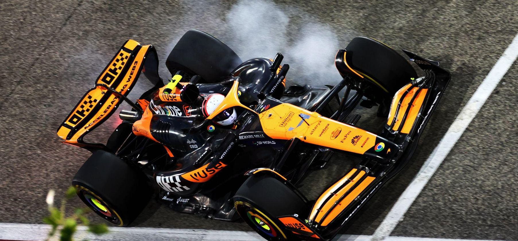 Image of McLaren's Lando Norris locking up under braking