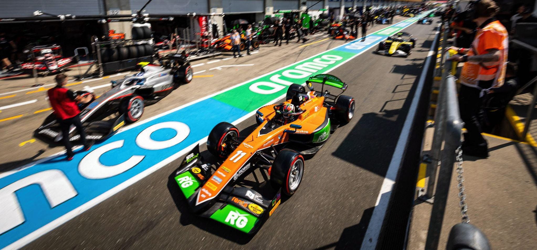 Photo: MP Motorsport driver Dennis Hauger in the crowded pitlane during F2 practice in Austria