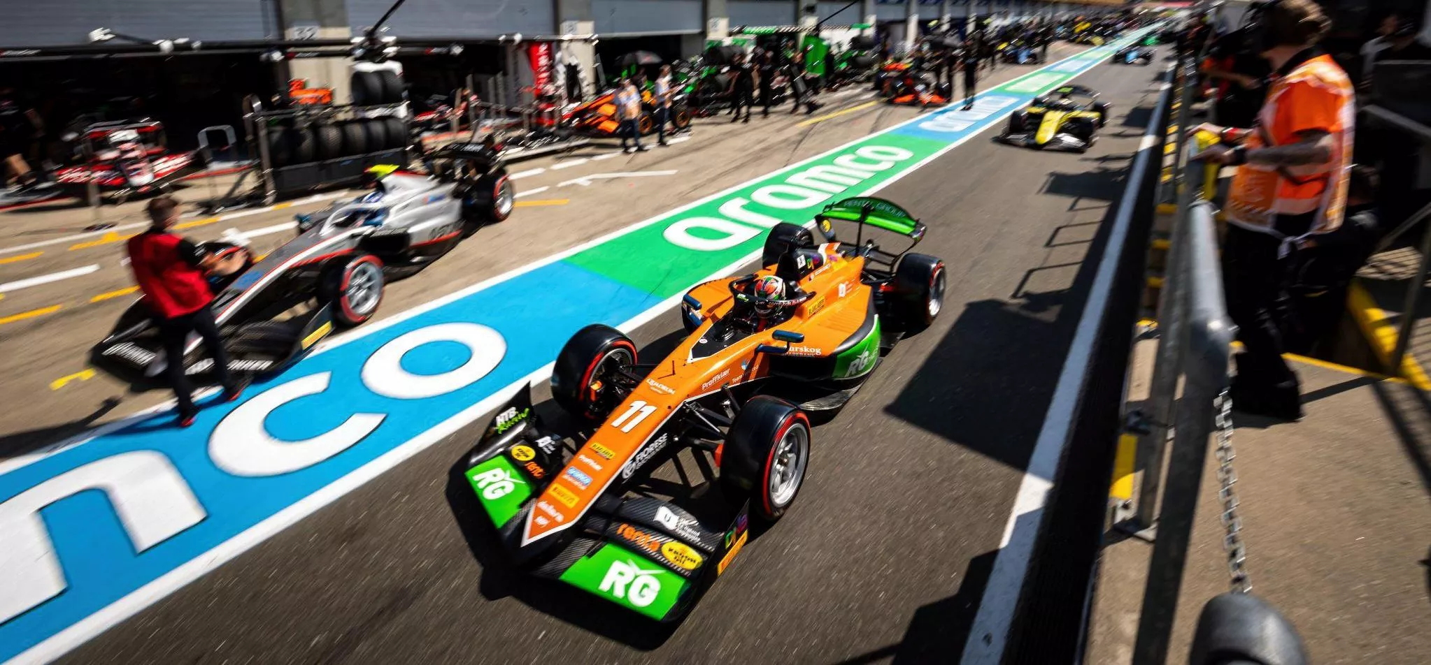 Photo: MP Motorsport driver Dennis Hauger in the crowded pitlane during F2 practice in Austria