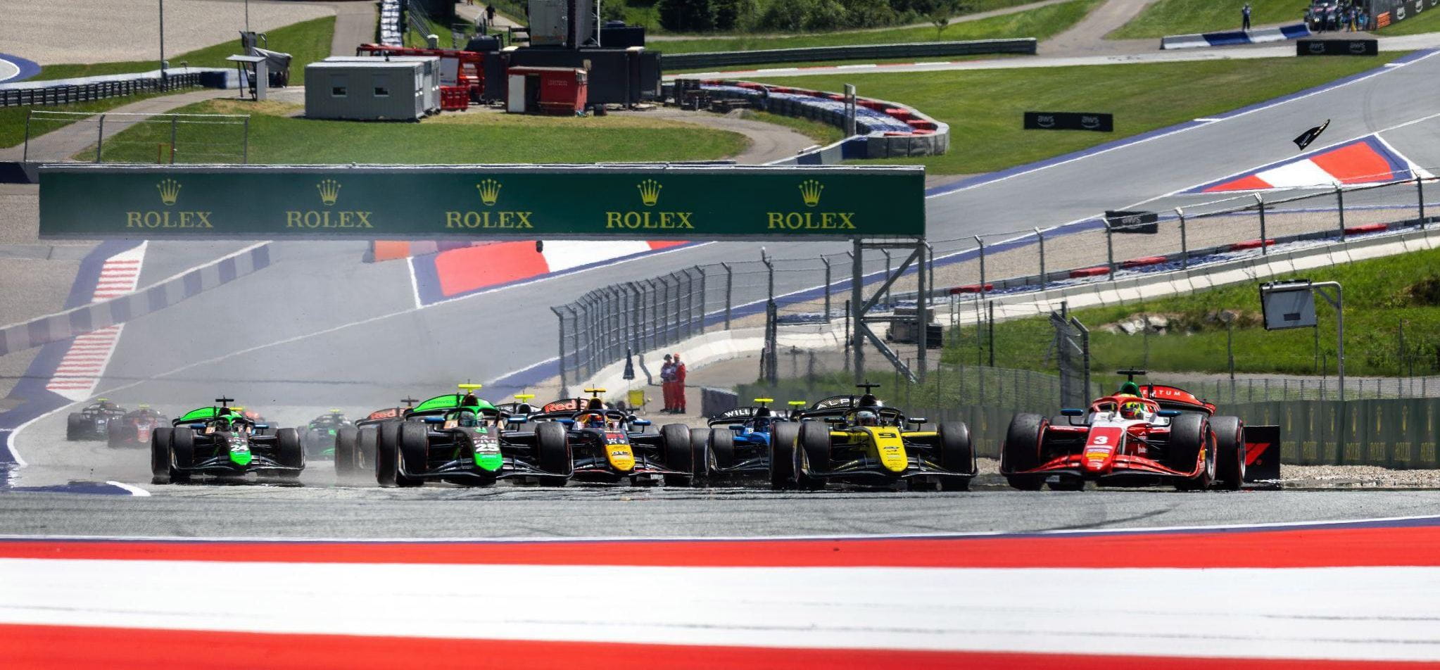Photo:  Prema’s Oliver Bearman, on the right, leads the sprint race in Austria