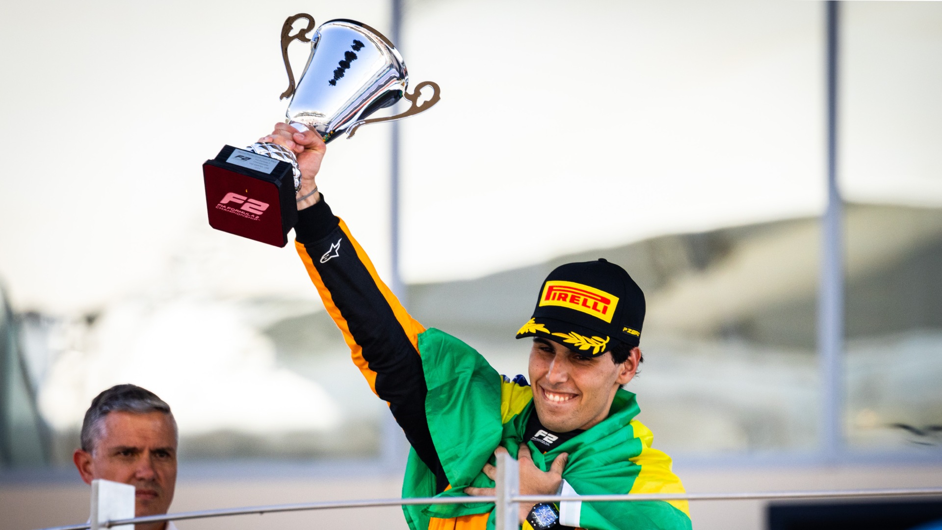 Gabriel Bortoleto celebrates winning the 2024 F2 title