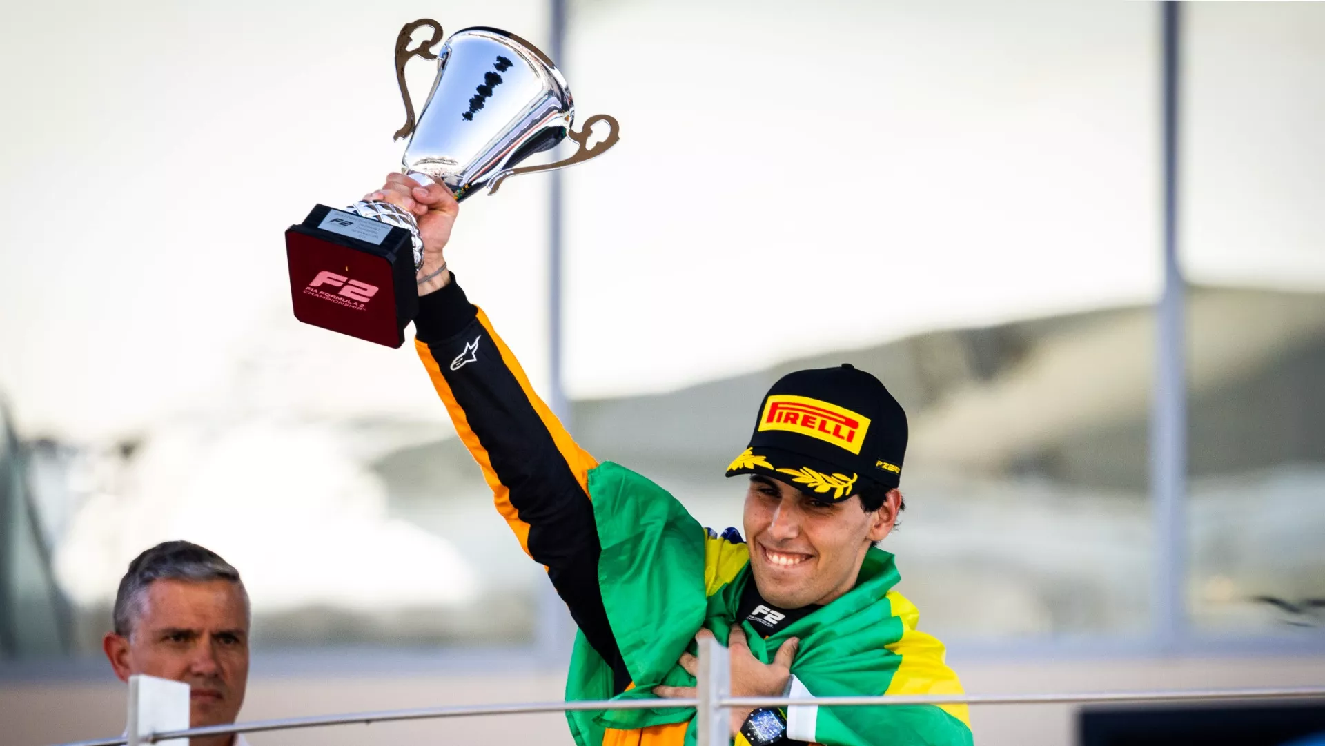 Gabriel Bortoleto celebrates winning the 2024 F2 title