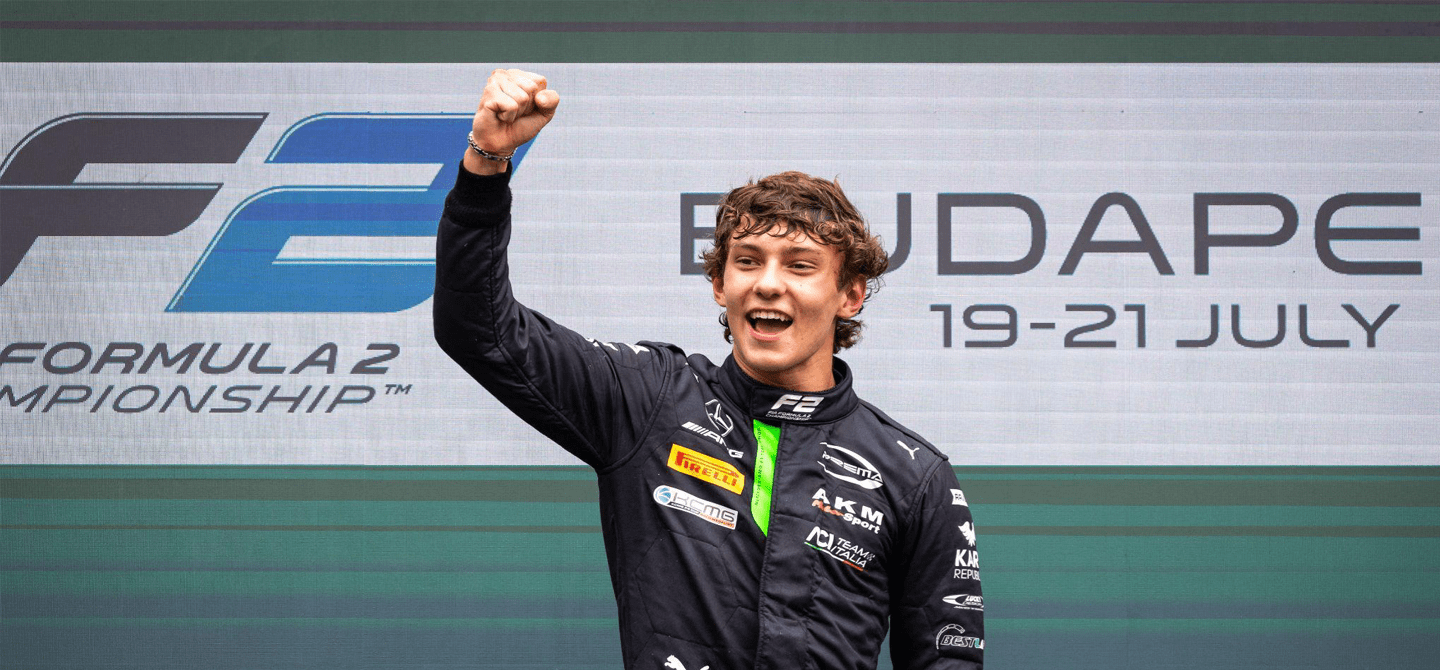 Prema’s Kimi Antonelli celebrates his maiden F2 feature race win having fallen down the order in the sprint race