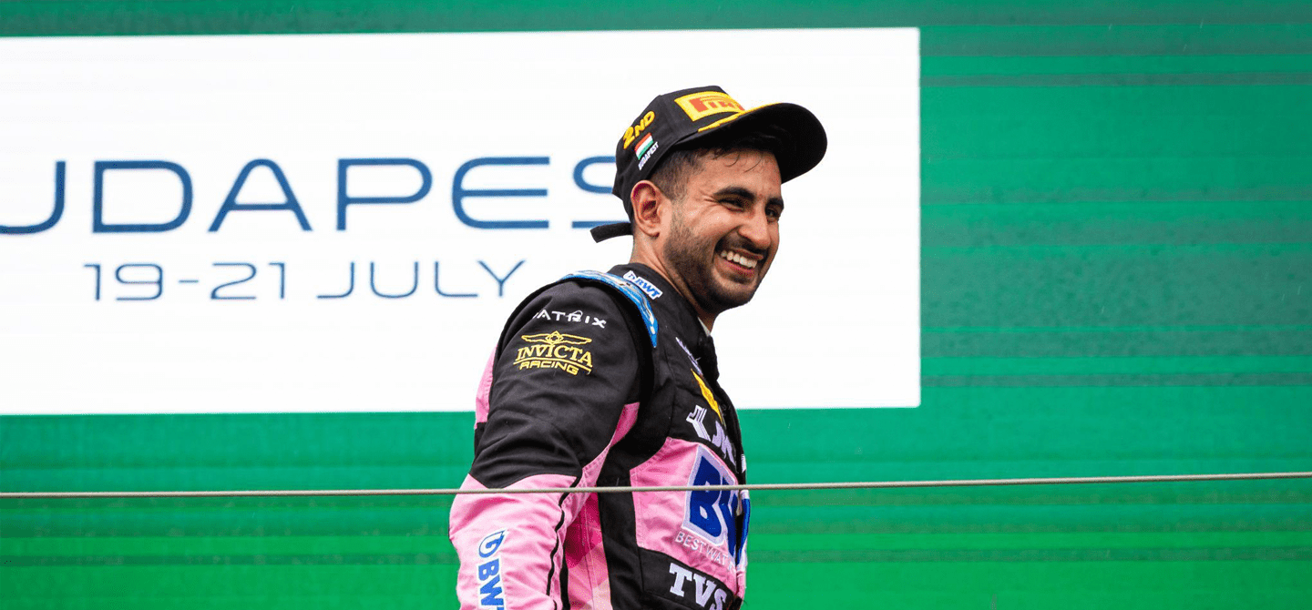 Invicta driver Kush Maini celebrates second in the Hungary F2 sprint race - but he was later promoted to first