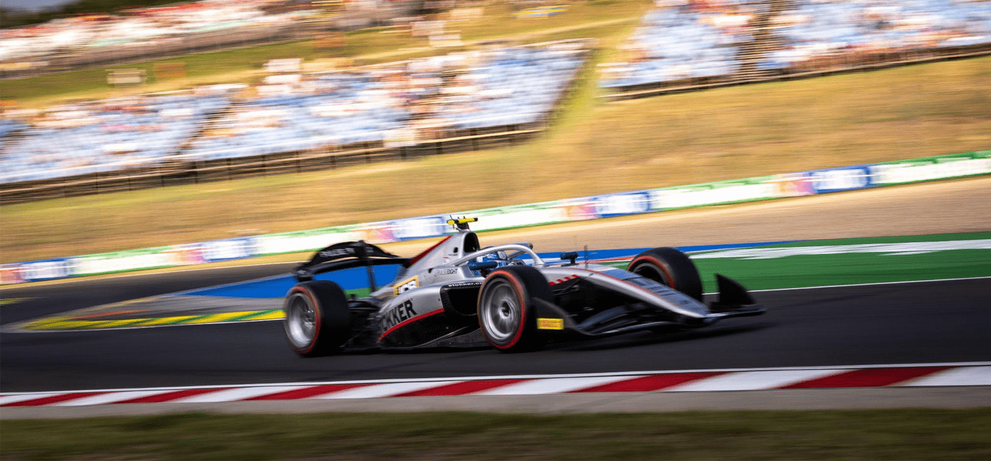Hitech driver Paul Aron qualified on pole position amid the intense heat at the Hungaroring