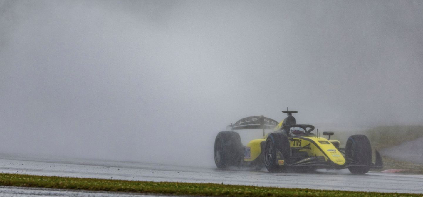 Photo: Invicta Racing’s Kush Maini finished third in the sprint race after a penalty pushed his team-mate Gabriele Bortoleto to fourth. Wet conditions made for poor visibility on Saturday at Silverstone