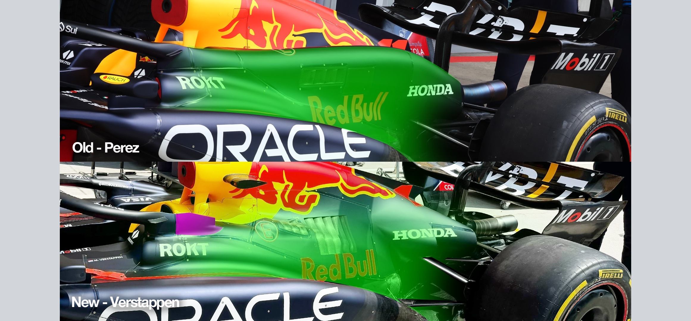 Comparison diagram showing the new Red Bull RB20 engine cover in Hungary
