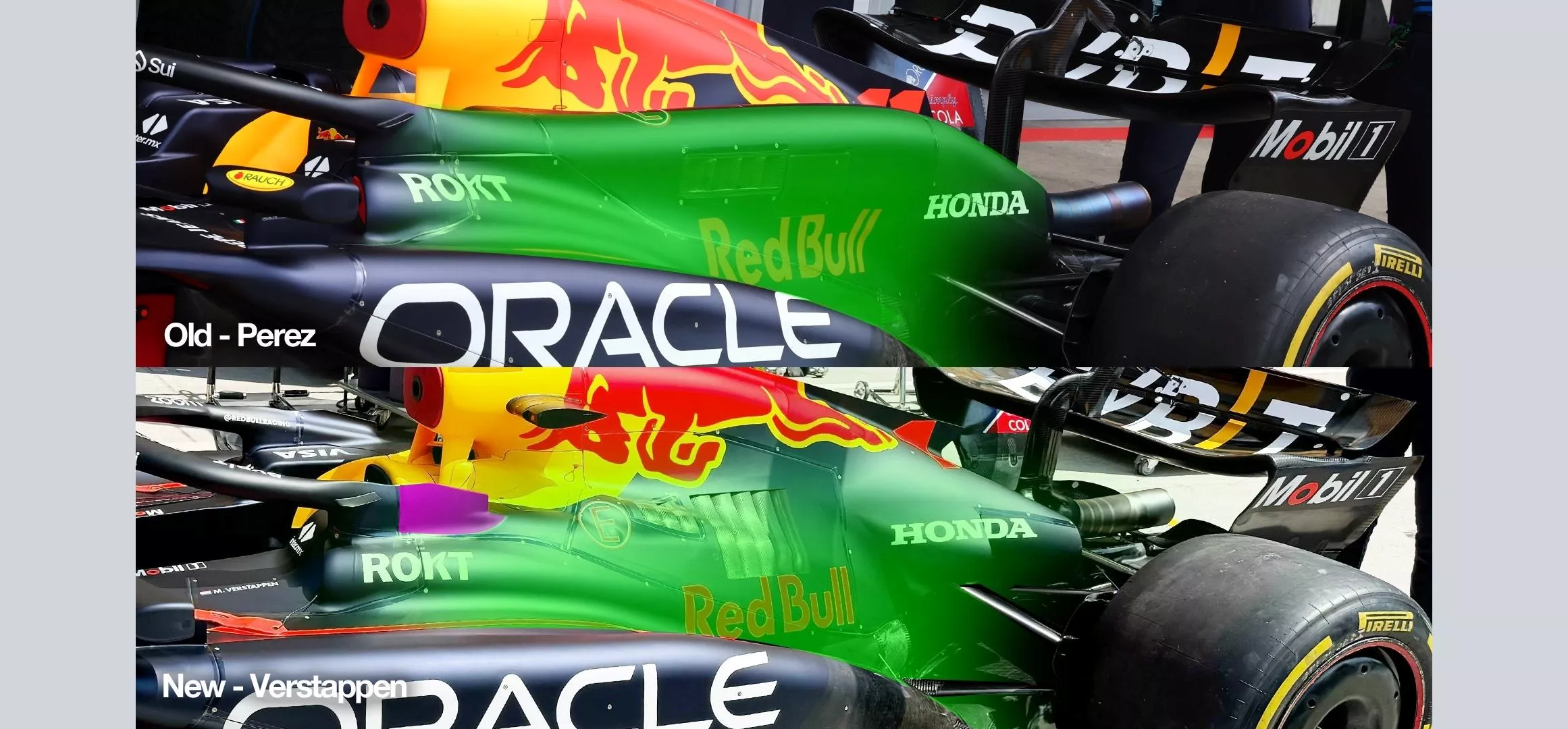 Comparison diagram showing the new Red Bull RB20 engine cover in Hungary