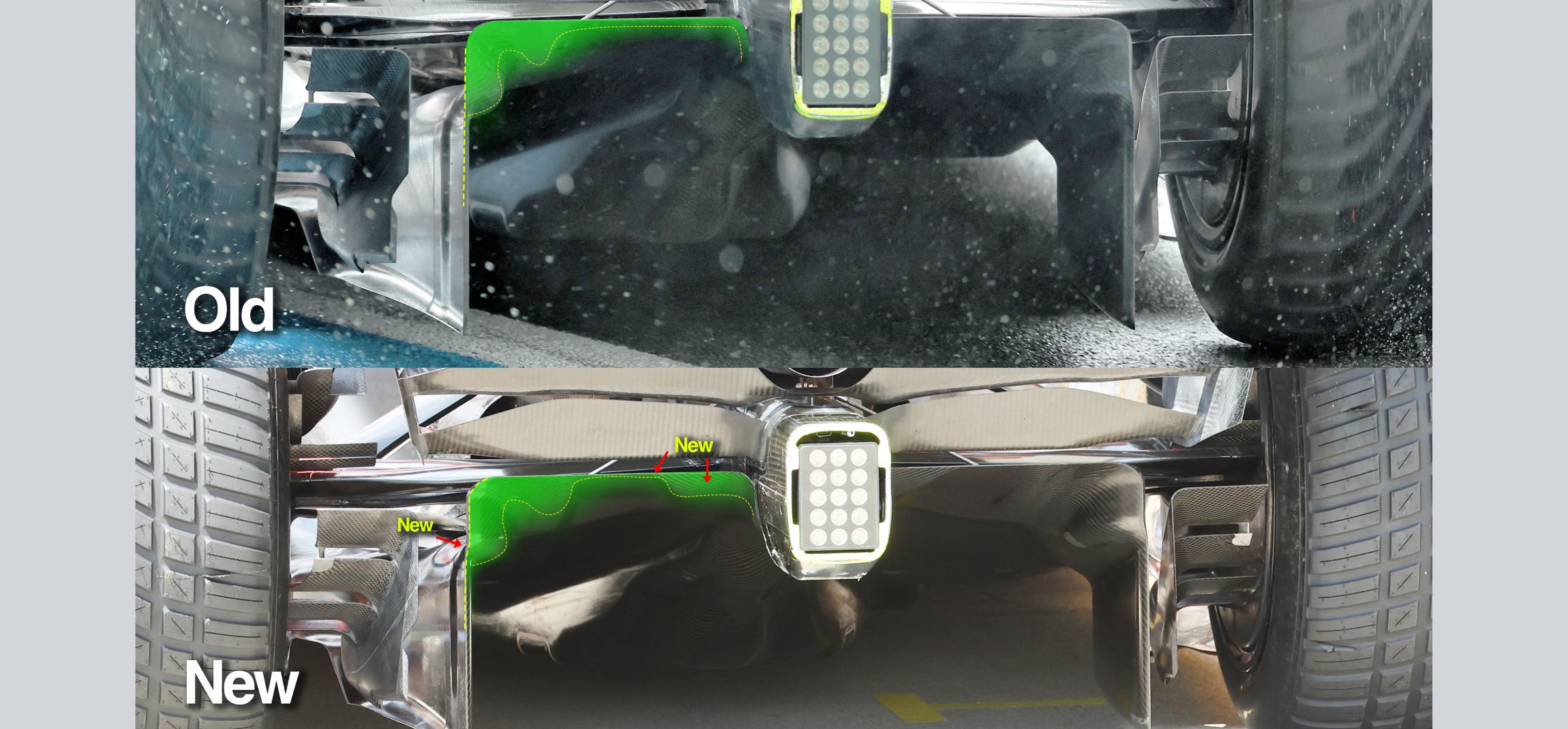 Comparison showing changes to the rear diffuser and floor of the Red Bull RB20 in Hungary