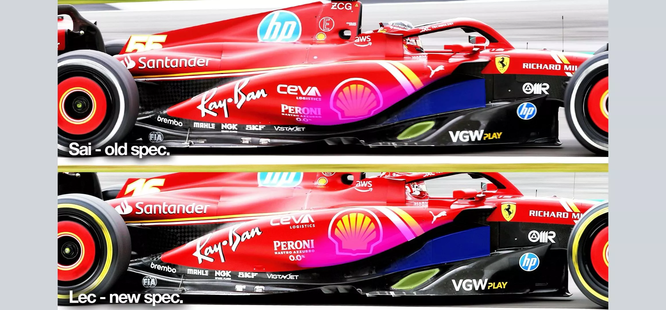 Carlos Sainz (above) used the old specification of Ferrari during Friday practice at Silverstone while Charles Leclerc (below) tested the latest version