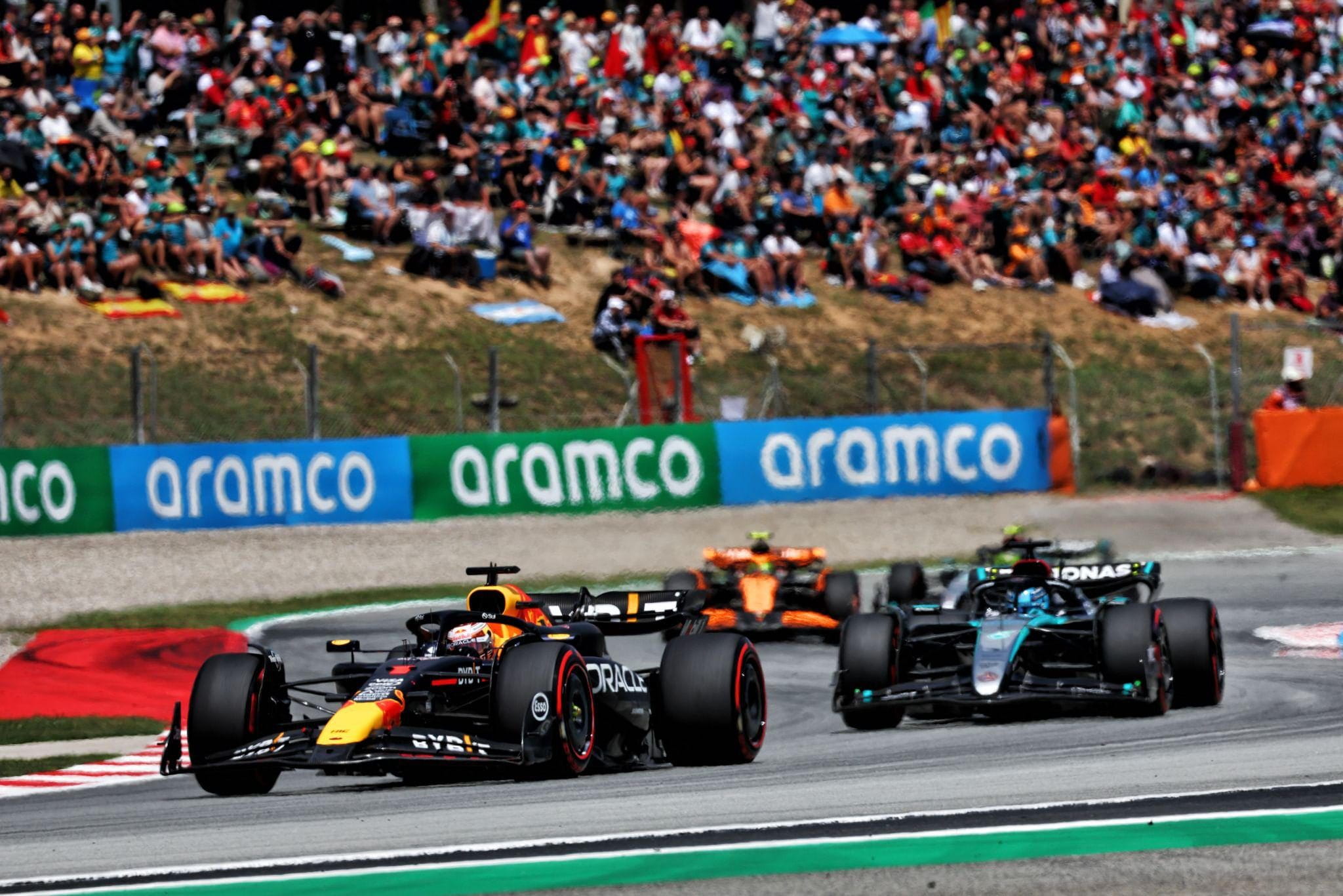 Image: Max Verstappen leading George Russell in the 2024 Spanish Grand Prix