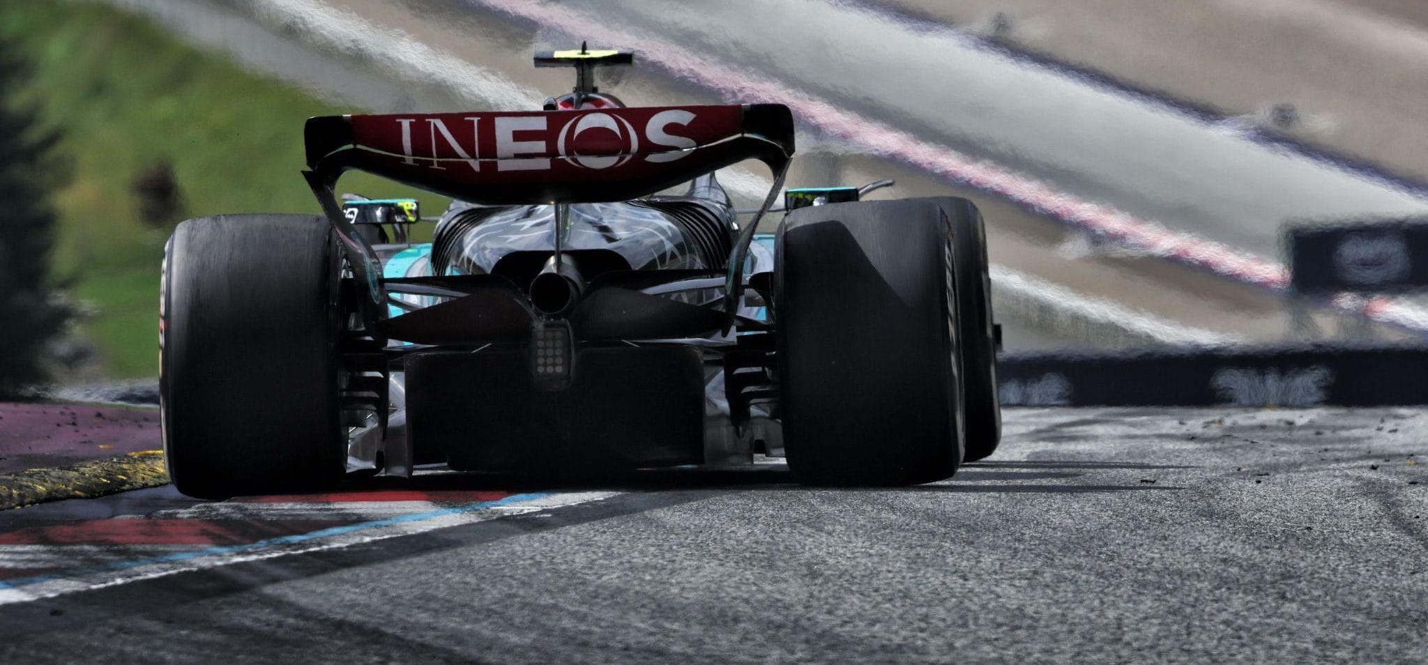 Rear view of the Mercedes W15 at the Red Bull Ring, where the team brought a revised beam wing