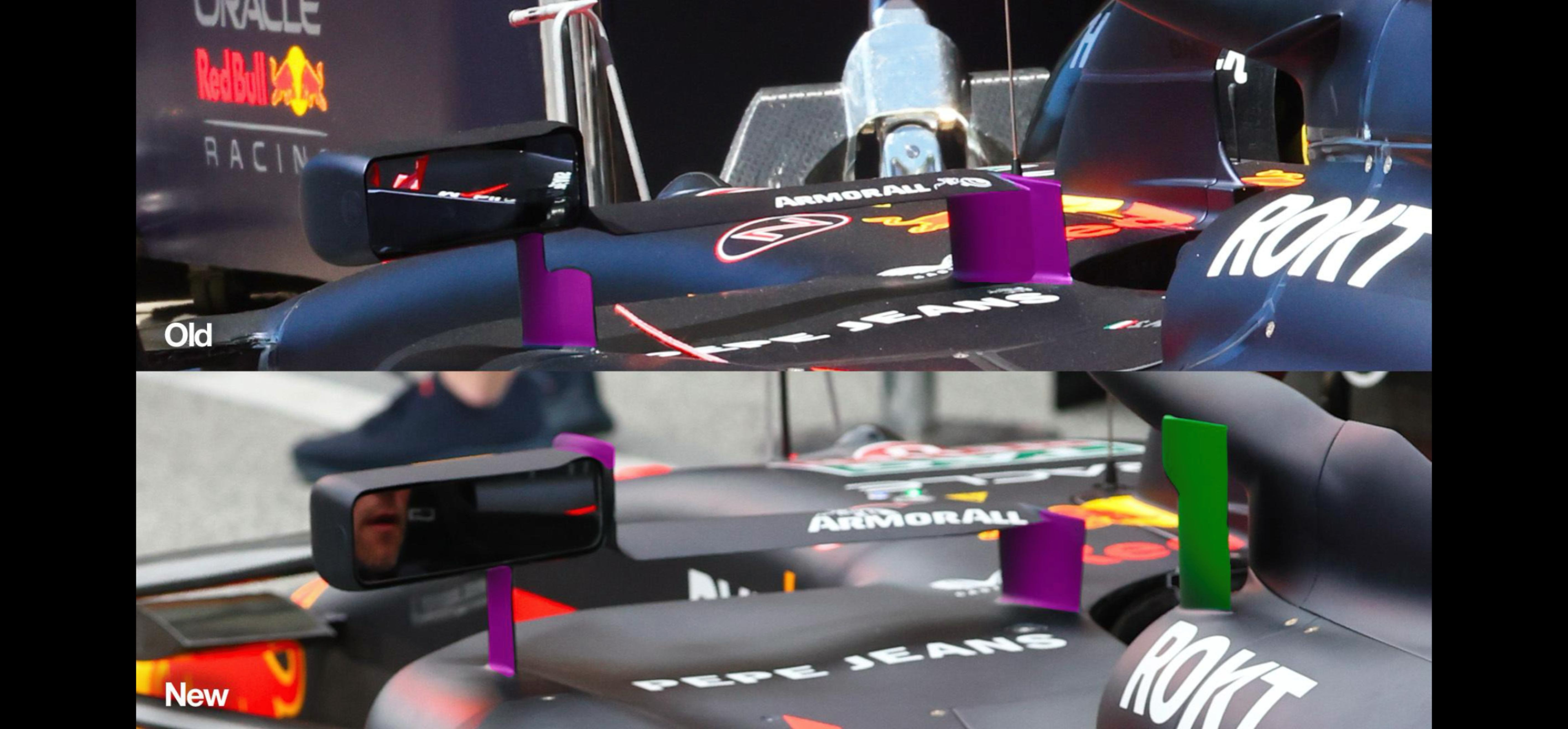 New mirror stays (below) on the Red Bull RB20 at Zandvoort
