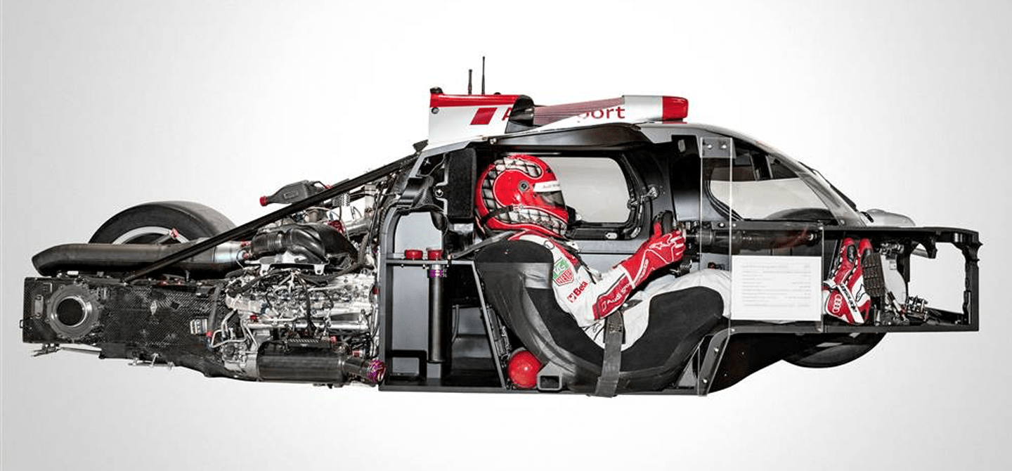 An example of a monocoque in another motorsport. The Audi R18 was campaigned by Audi in the LMP1 class of the World Endurance Championship until 2016. The engine is bolted directly to the monocoque here.