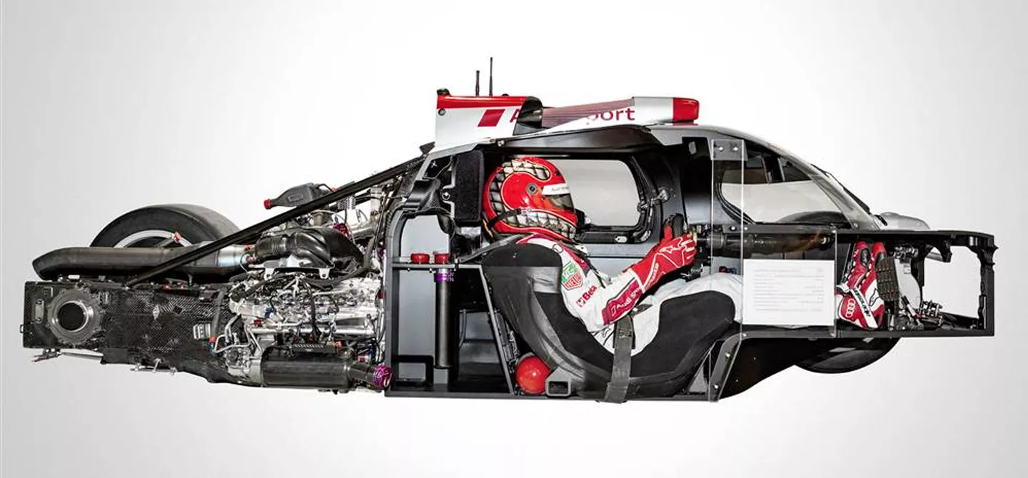 An example of a monocoque in another motorsport. The Audi R18 was campaigned by Audi in the LMP1 class of the World Endurance Championship until 2016. The engine is bolted directly to the monocoque here.