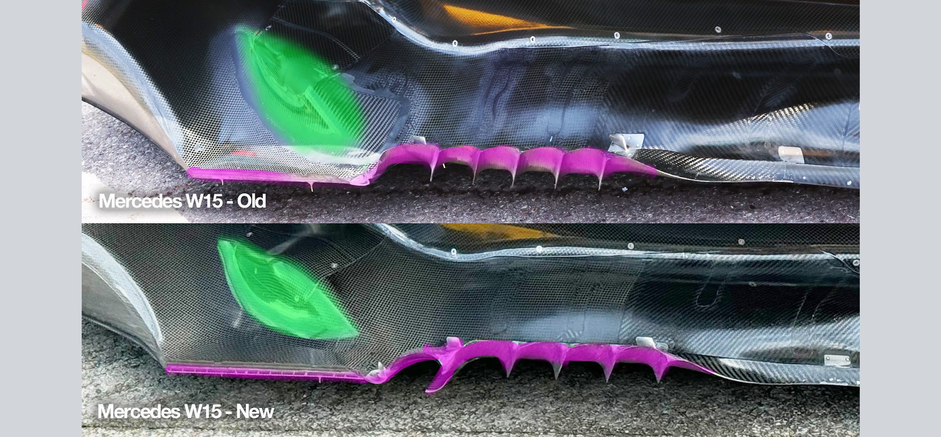 Comparison showing the new Mercedes floor (below) and the previous specification (above) that the team reverted to on Saturday in Belgium