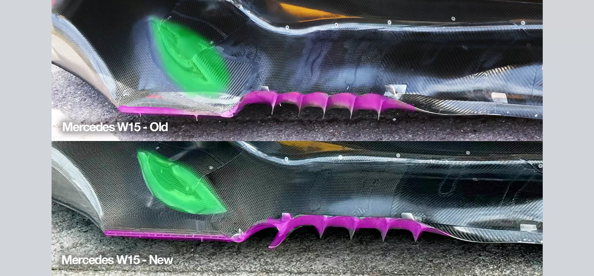 Comparison showing the new Mercedes floor (below) and the previous specification (above) that the team reverted to on Saturday in Belgium