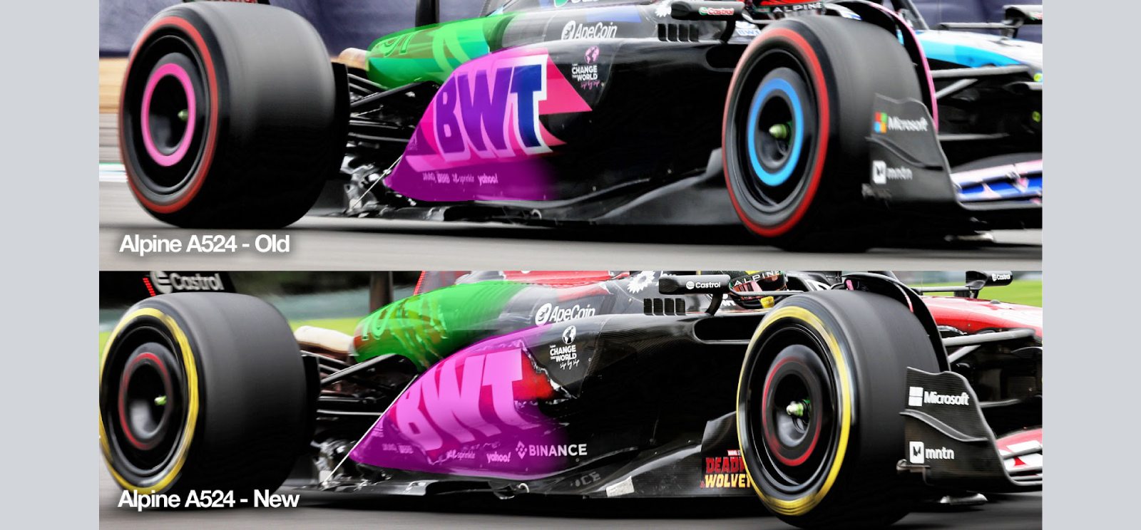 Comparison showing a slightly new engine cover and sidepod shape to the Alpine A524 in Hungary