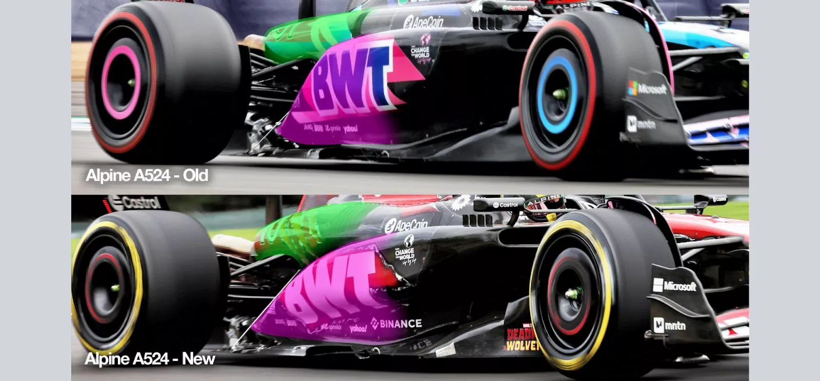 Comparison showing a slightly new engine cover and sidepod shape to the Alpine A524 in Hungary