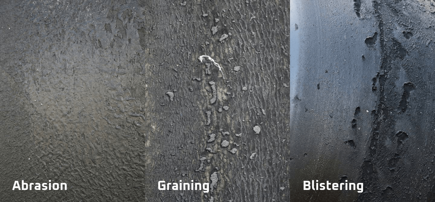 Zoomed in images of the surface of three tyres with abrasion on the left, graining in the middle and blistering on the right