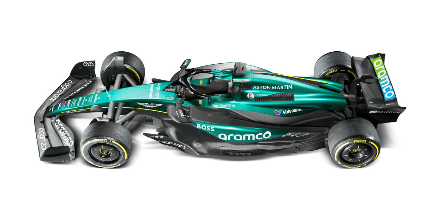 Unpainted areas of the Aston Martin AMR24 include those areas prone to damage such as the wings and floor