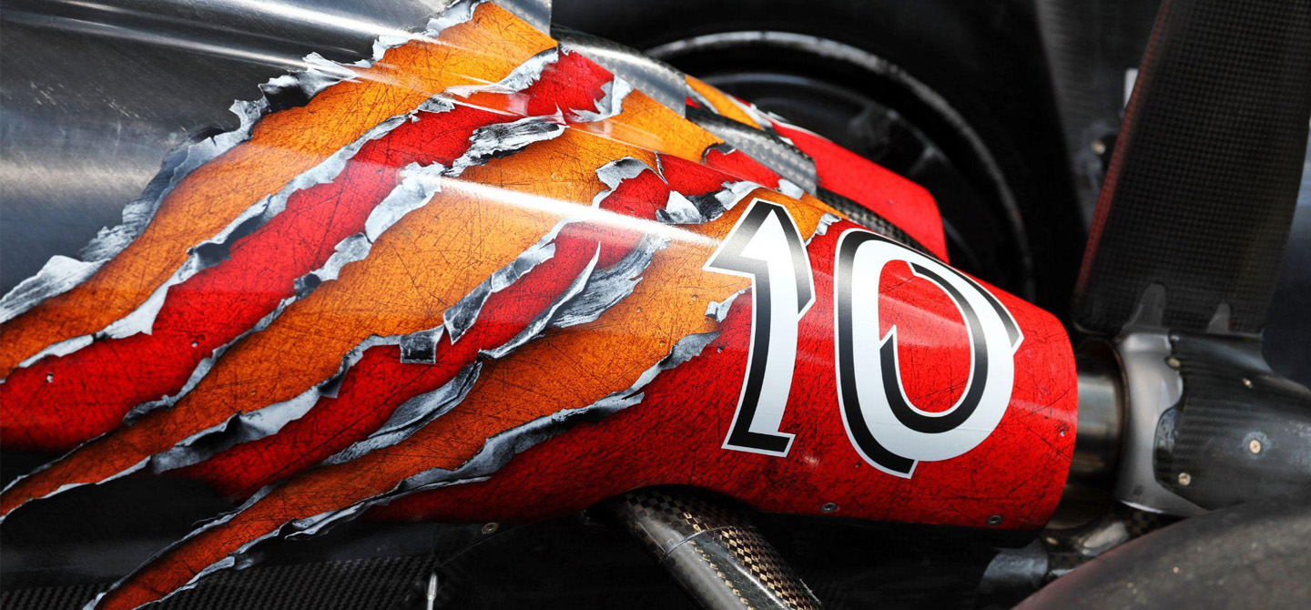 A close-up of Alpine’s special Deadpool vs Wolverine wrap for the 2024 Belgian Grand Prix