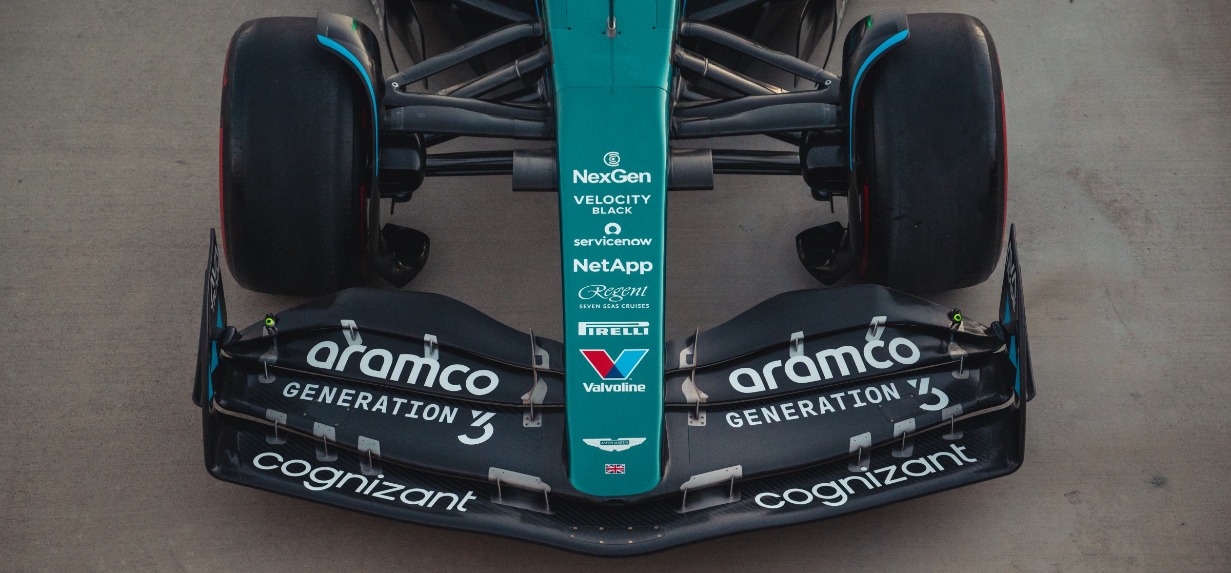 Front wing of the Aston Martin Aramco AMR22 in one-off Generation 3 livery