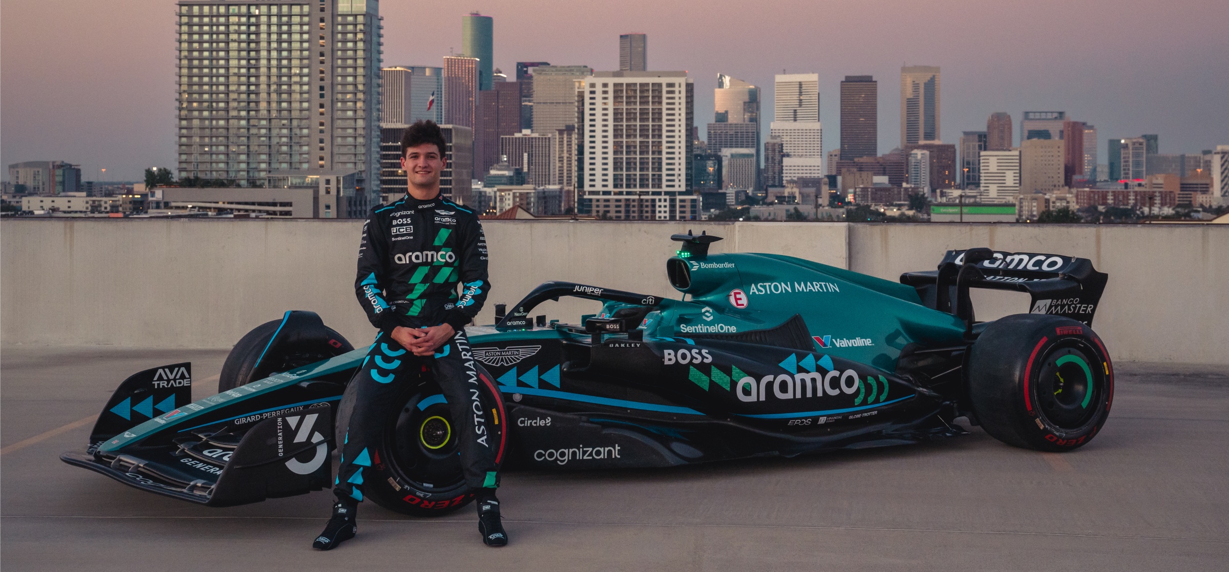 Jak Crawford with the Aston Martin AMR22 in Houston ahead of the 2024 US Grand Prix