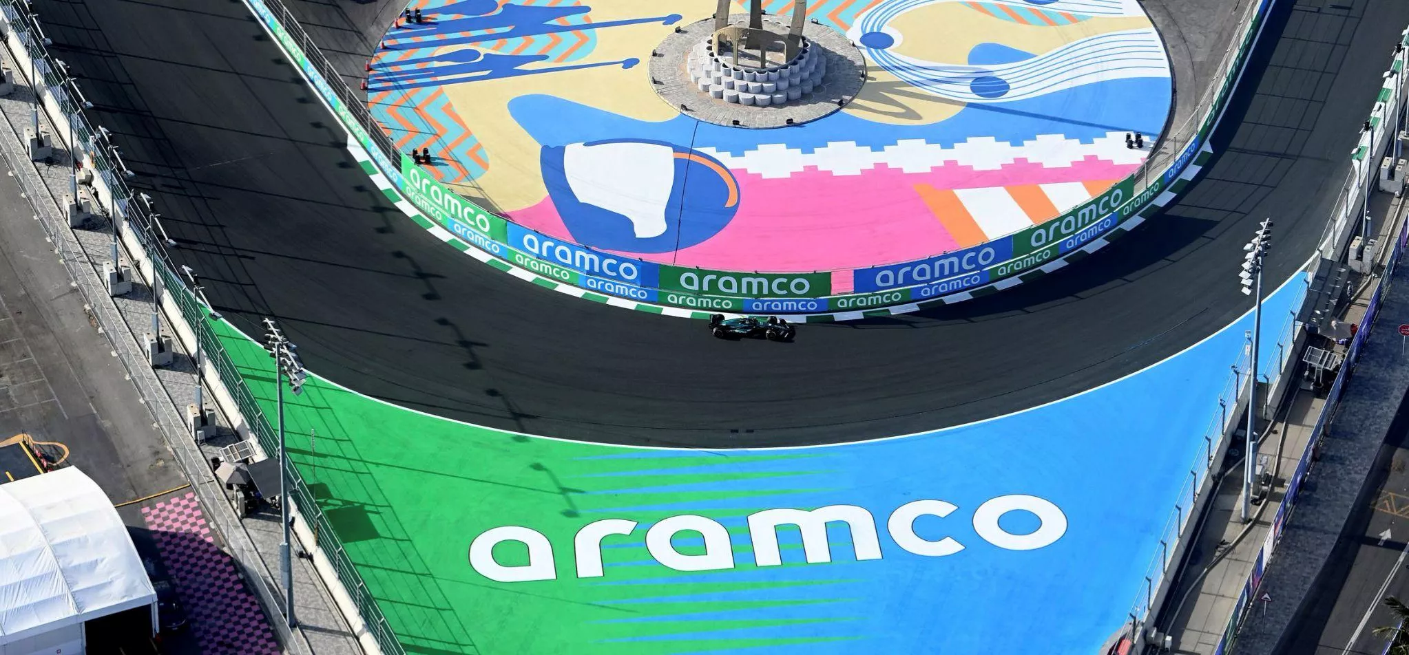 Aramco logo from above at the Saudi Arabian Grand Prix