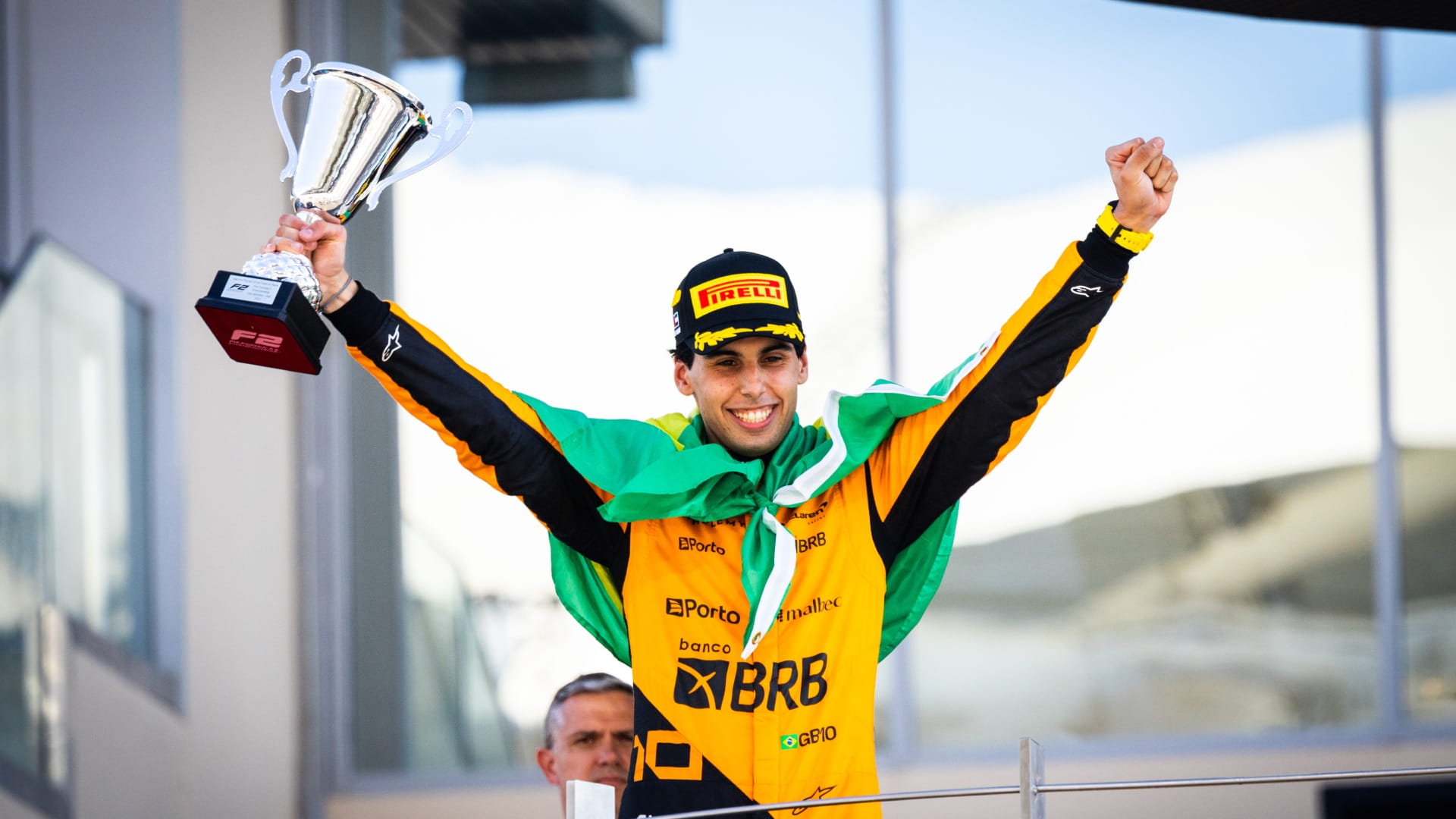 Gabriel Bortoleto celebrating his 2024 F2 title win