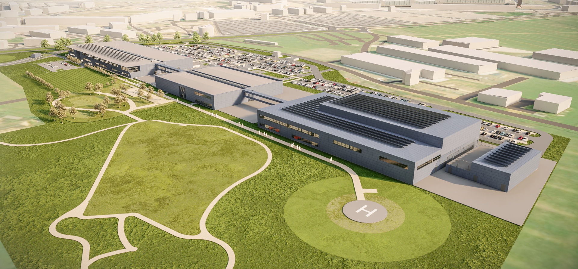 3D render showing the Aston Martin F1 factory from above with green grass and multiple white paths