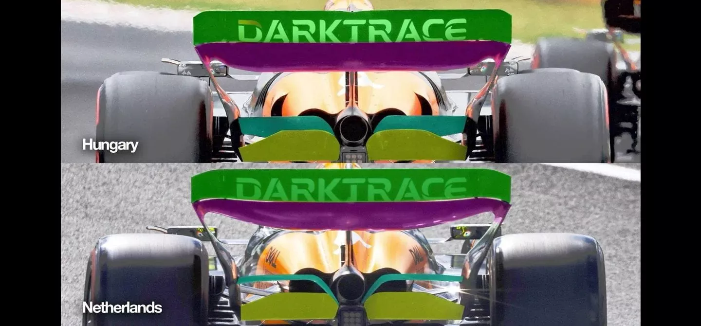 A comparison of McLaren's rear wings at the 2024 Dutch Grand Prix, from the rear view
