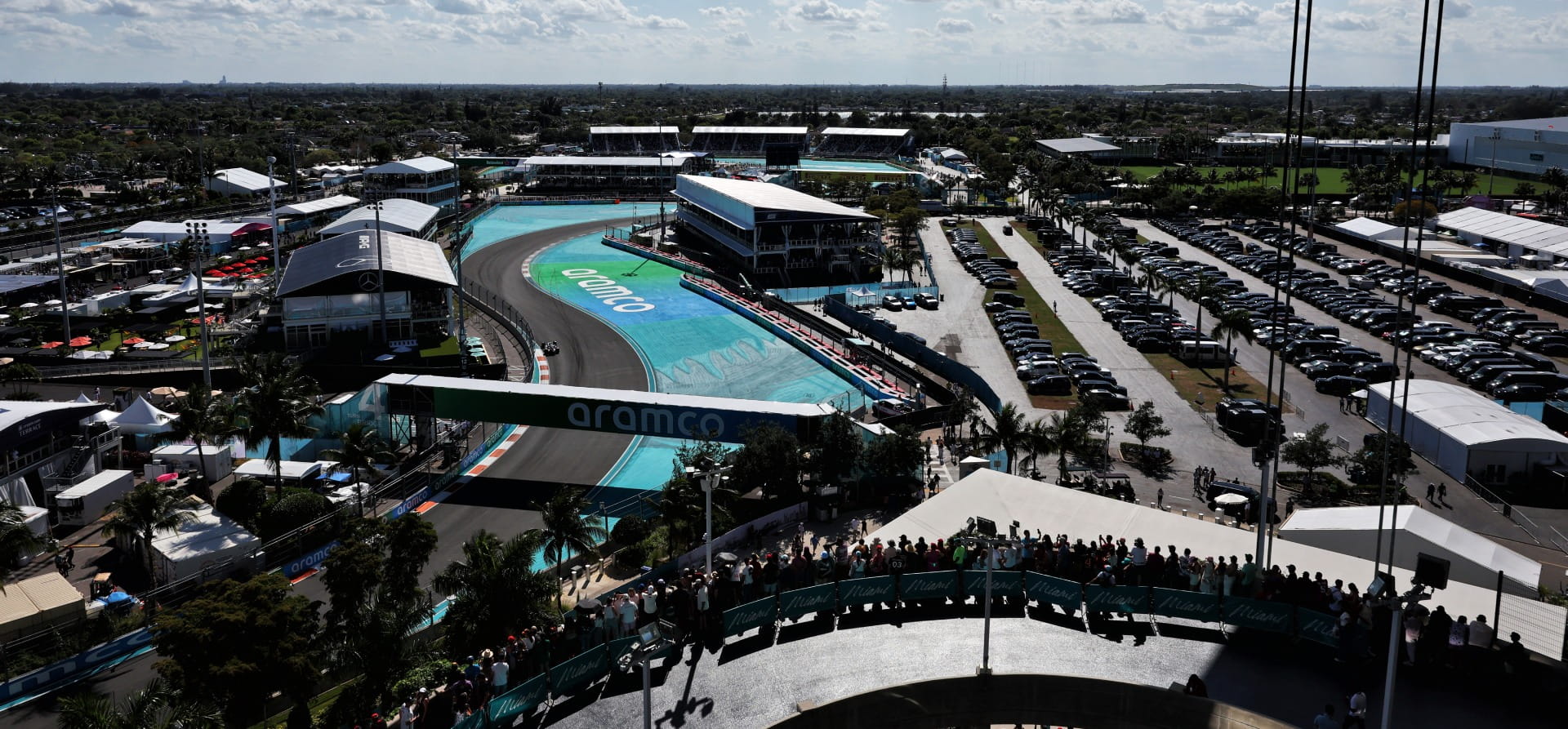 A bird's eye view of Miami International Autodrome in the sunlight