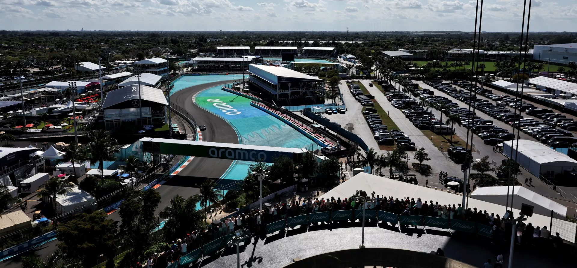 A bird's eye view of Miami International Autodrome in the sunlight