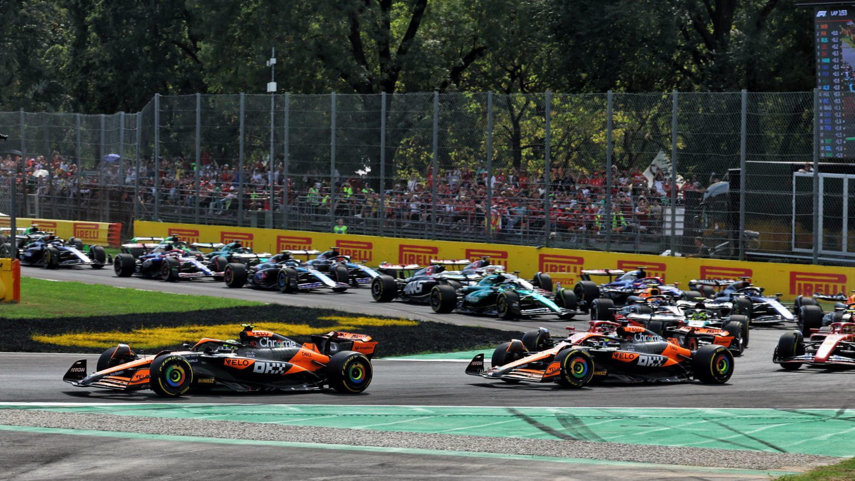 Two orange McLarens leading a race ahead of a train of cars going into the opening chicane at Monza